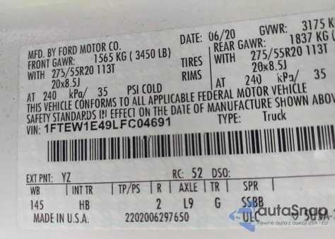 2020 Ford F-150 Lariat z USA, uszkodzony, nr VIN 1FTEW1E49LFC04691